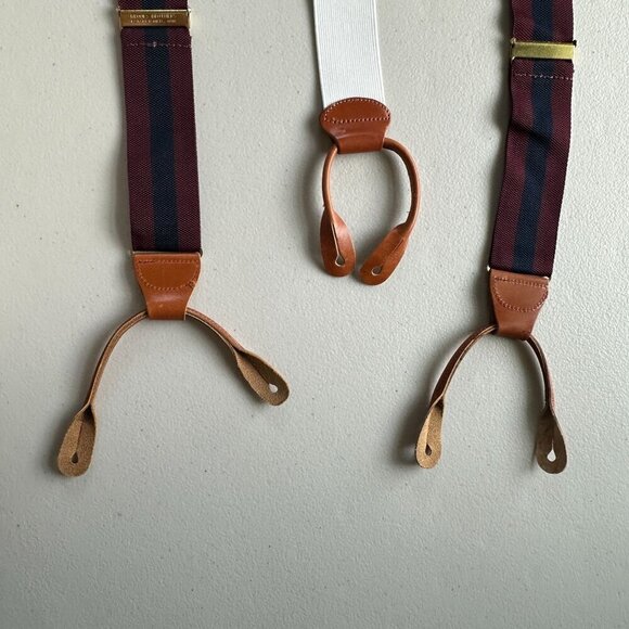 Brooks Brothers Maroon Navy Stripe Adjustable Suspenders Silk Leather England - Picture 7 of 9